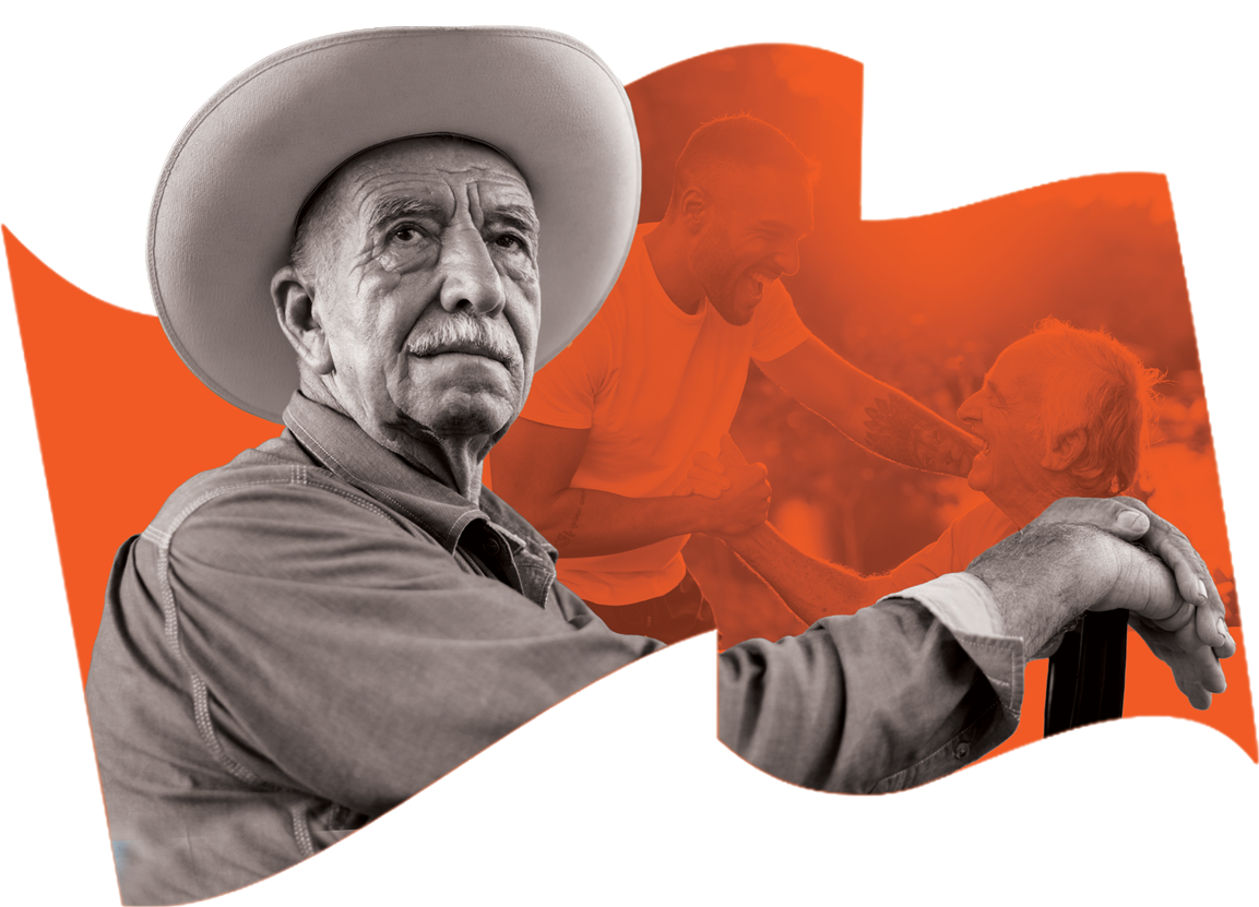 Reduce-The-Risk-About-Protection-Orders-Hero-Image Elderly man in a cowboy hat looks resolutely ahead, with a faded orange-toned background.