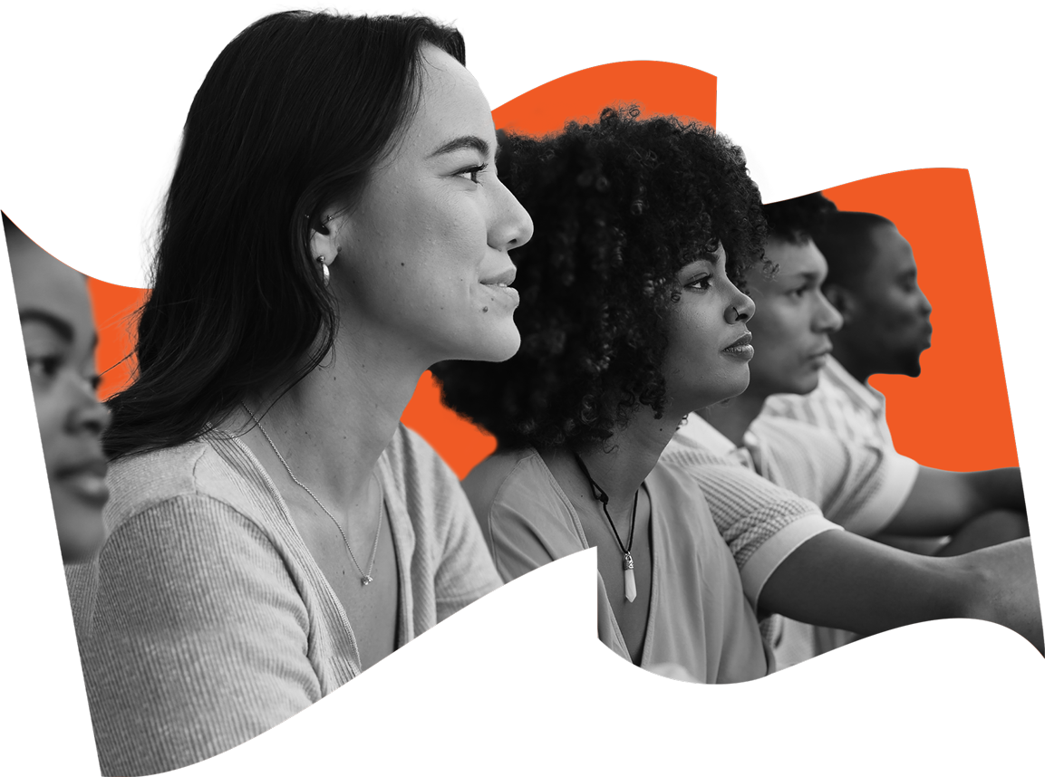 Five diverse young adults seated in a row, looking forward with focus and determination, inside a stylized flag-shaped frame on an orange and black background.